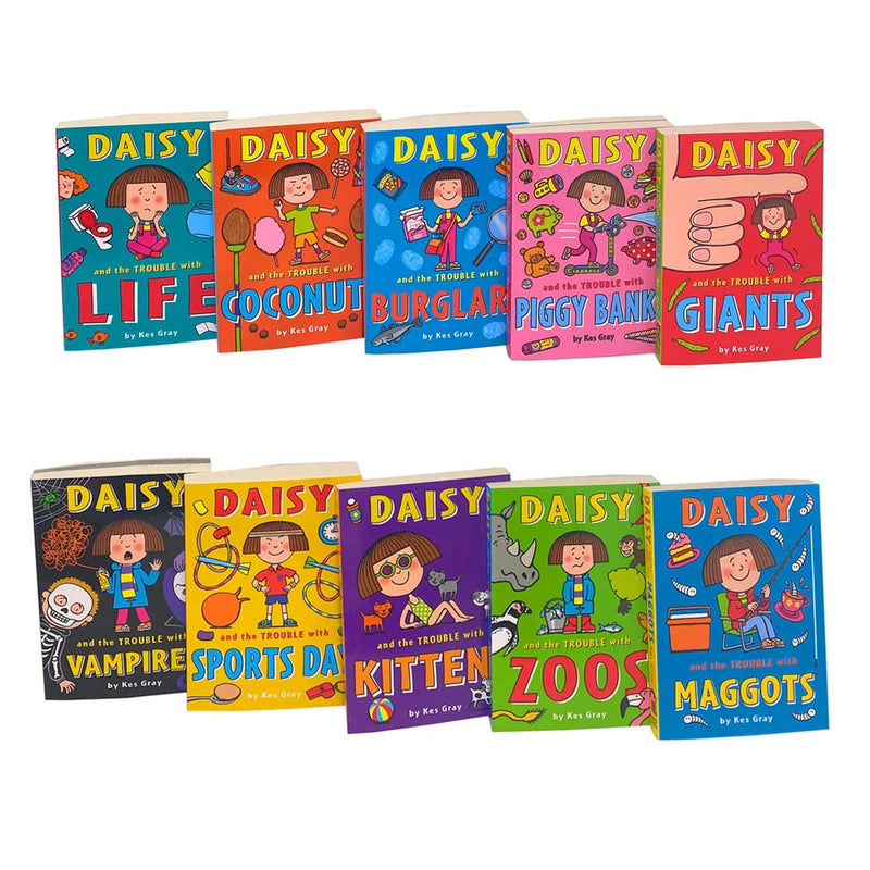 Set of ten Daisy and the Trouble with books by Kes Gray in paperback, featuring colorful covers from the Red Fox collection.