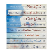 Set of eight Daisy Styles Collection books by Penguin, including The Wartime Midwives, Home Fires, and Spitfires, featuring colorful covers.