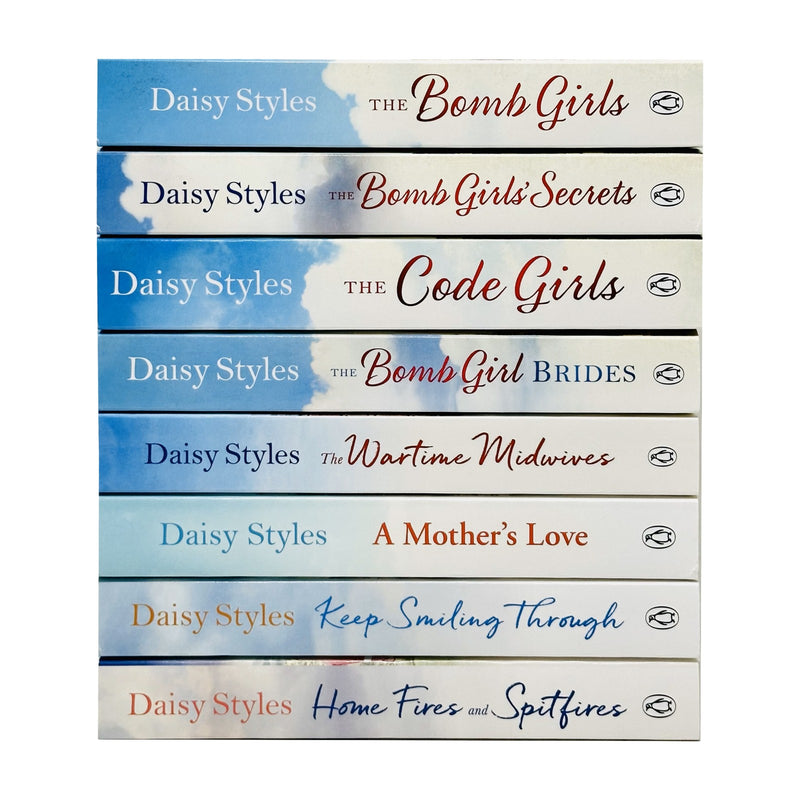 Set of eight Daisy Styles Collection books by Penguin, including The Wartime Midwives, Home Fires, and Spitfires, featuring colorful covers.