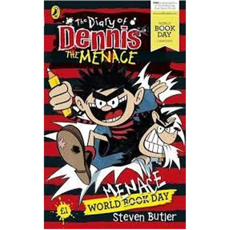 Puffin Steven Butler Diary of Dennis The Menace flip book bind-up featuring colorful cartoon illustrations for World Book Day.