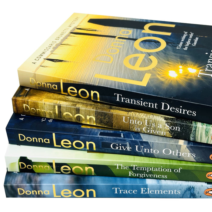 Donna Leon Commissario Brunetti Mysteries 5 Books Set (Give Unto Others, The Temptation of Forgiveness, Unto us a Son is Given, Trace Elements, Transient Desires) - The Book Bundle