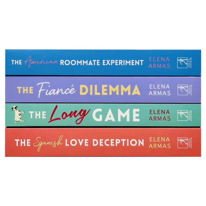Set of four Elena Armas romance books including The American Roommate Experiment, The Fiance Dilemma, Spanish Love Deception, and Long Game.