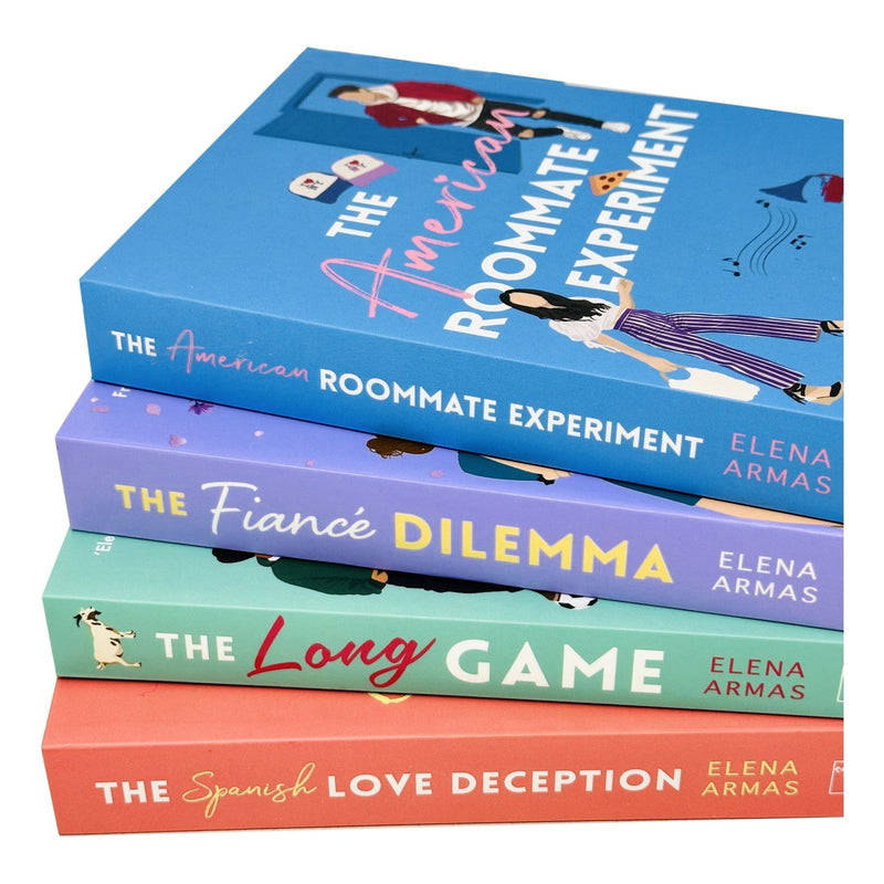 Set of four Elena Armas romance books including The American Roommate Experiment, The Fiance Dilemma, Spanish Love Deception, and Long Game.