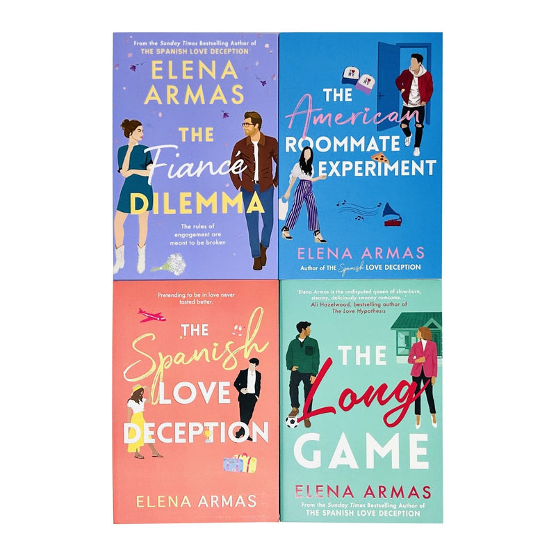 Set of four Elena Armas romance books including The American Roommate Experiment, The Fiance Dilemma, Spanish Love Deception, and Long Game.