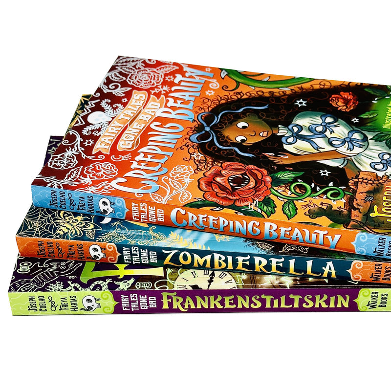 Set of three Walker Books fairy tale collection by Joseph Coelho, featuring Zombierella, Creeping Beauty, and Frankenstiltskin.
