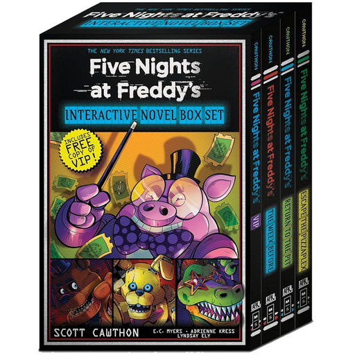 Set of four Five Nights at Freddy's interactive novels by Scott Cawthon, featuring colorful covers and spooky characters.