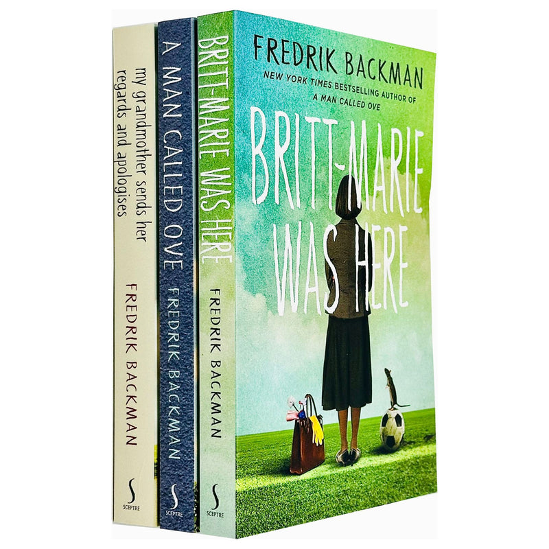 Set of three paperback books by Fredrik Backman including Britt-Marie Was Here and Beartown, featuring colorful cover art.