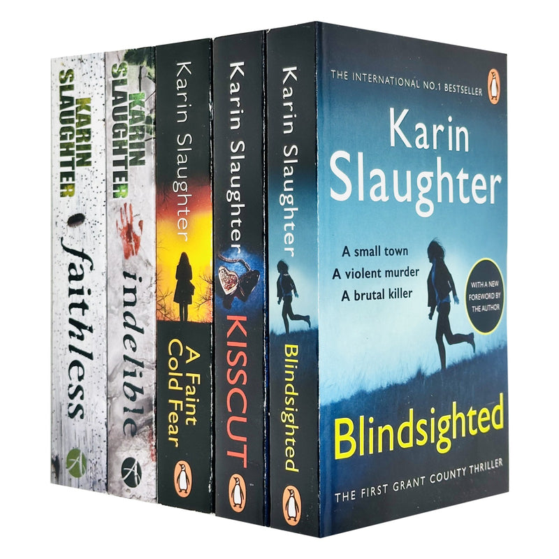 Arrow Ltd Grant County Series 5-book collection by Karin Slaughter, including Blindsighted and Kisscut, displayed in a neat stack.
