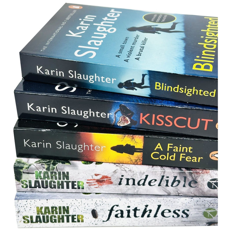 Arrow Ltd Grant County Series 5-book collection by Karin Slaughter, featuring Blindsighted and Kisscut, displayed together.