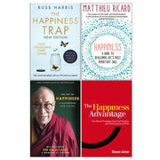 Set of four non-fiction paperback books including The Happiness Trap and The Art of Happiness by Matthieu Ricard and Russ Harris