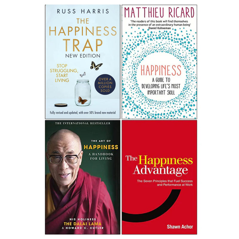 Set of four non-fiction paperback books including The Happiness Trap and The Art of Happiness by Matthieu Ricard and Russ Harris