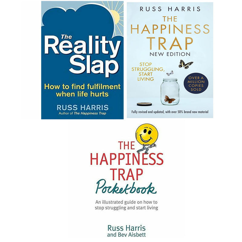 Set of three paperback non-fiction books by Russ Harris, including The Happiness Trap and The Reality Slap, featuring Robinson branding.