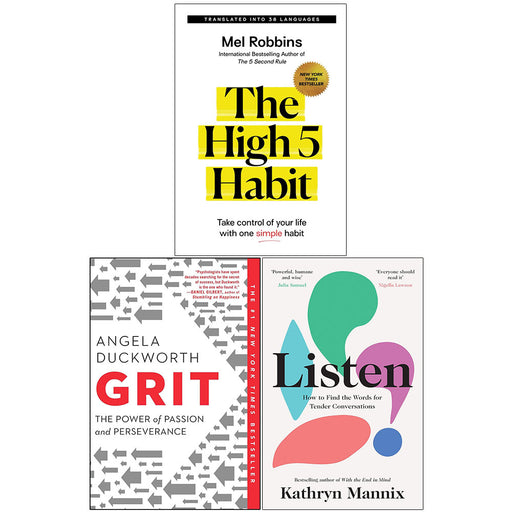 The High 5 Habit, Grit, Listen 3 Books Collection Set by Mel Robbins, Angela Duckworth & Kathryn Mannix - The Book Bundle