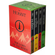 Four-book box set of J.R.R. Tolkien's The Hobbit and The Lord of the Rings in paperback, featuring colorful cover art.