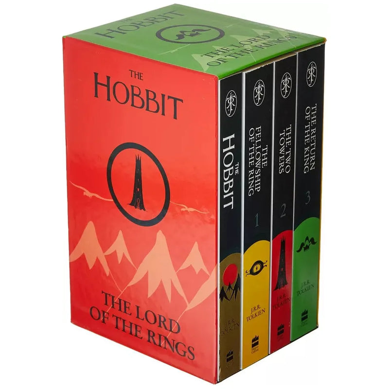 Four-book box set of J.R.R. Tolkien's The Hobbit and The Lord of the Rings in paperback, featuring colorful cover art.