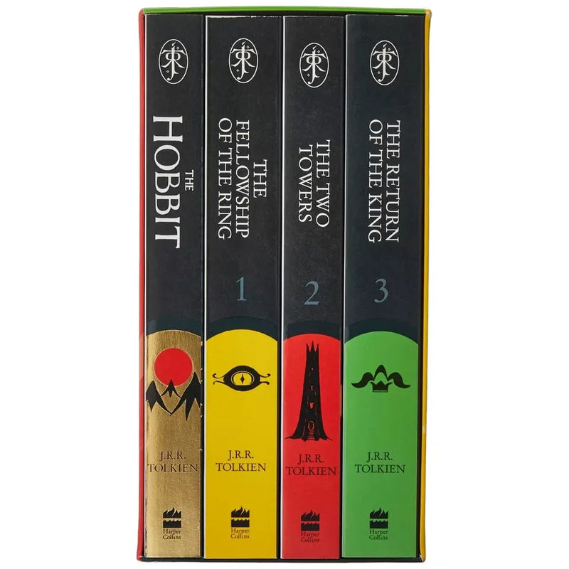 Paperback collection of J.R.R. Tolkien's The Hobbit and The Lord of the Rings books in a box set, featuring the Hobbit cover design.