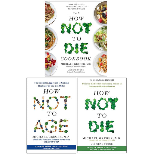 Michael Greger 3-book set including How Not to Age, How Not to Die, and The How Not to Die Cookbook, featuring bluebird design.