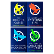 Set of four paperback books from Suzanne Collins' Hunger Games series by Scholastic, featuring colorful cover art.