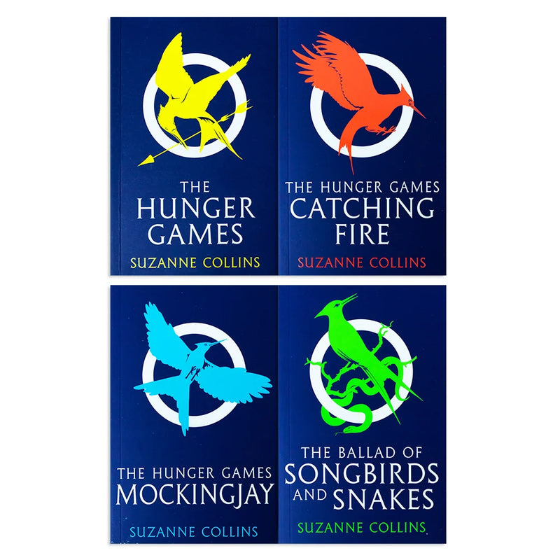 Set of four paperback books from Suzanne Collins' Hunger Games series by Scholastic, featuring colorful cover art.