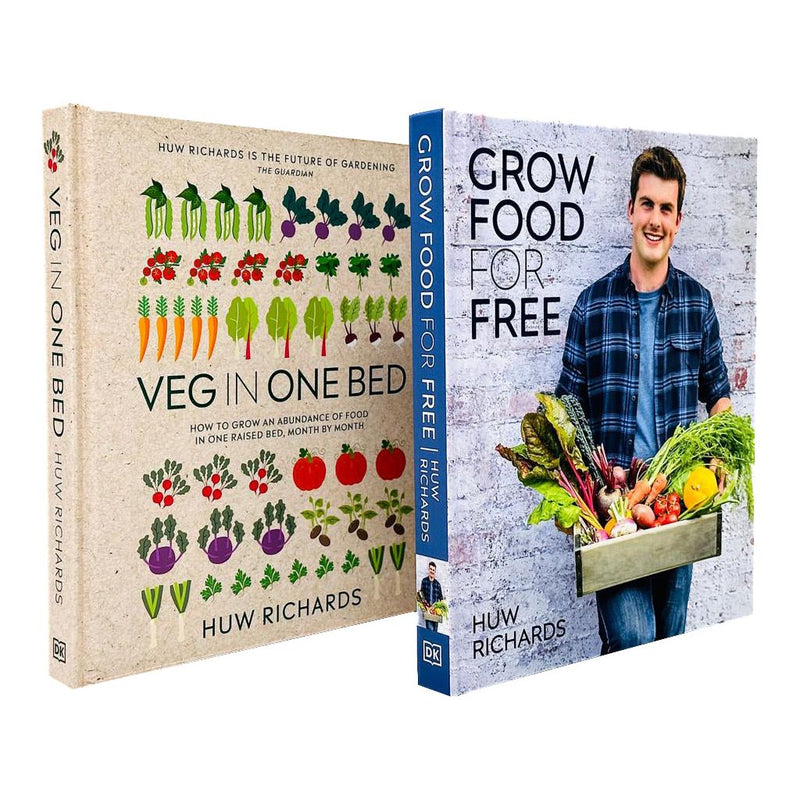 Huw Richards Grow Food for Free and Veg in One Bed book collection set by DK Ltd, featuring gardening tips and plant illustrations.