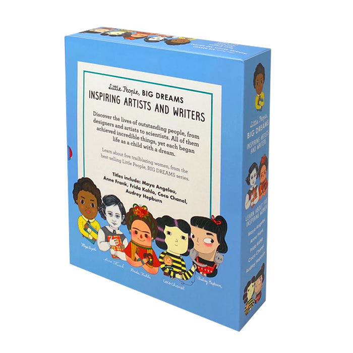 Box of Little People, Big Dreams inspiring artists and writers children's book collection by Frances Lincoln, featuring colorful covers.