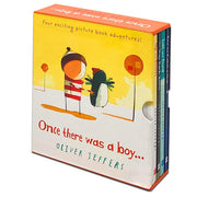 Hardcover boxed set of "Once There Was a Boy..." by Oliver Jeffers, featuring colorful book illustrations in a sturdy book bundle.