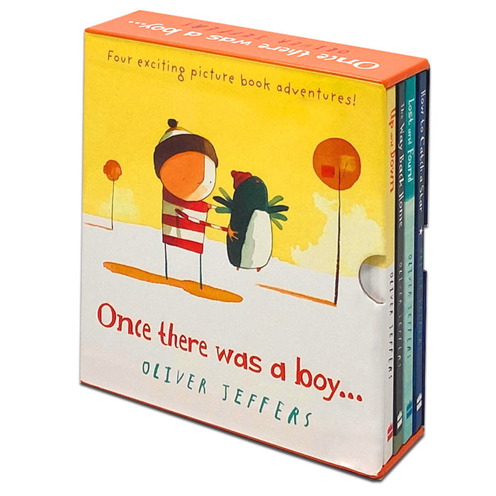 Hardcover boxed set of "Once There Was a Boy..." by Oliver Jeffers, featuring colorful book illustrations in a sturdy book bundle.