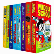 Arrow set of 8 James Patterson Middle School books, including The Worst Years of My Life, featuring colorful covers and spines.
