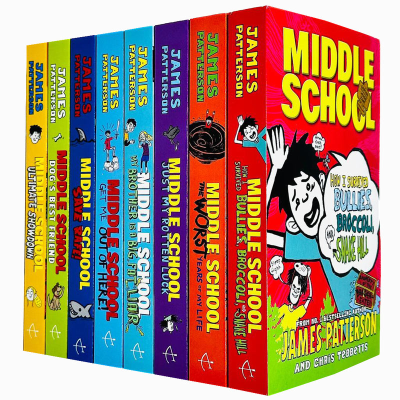 Arrow set of 8 James Patterson Middle School books, including The Worst Years of My Life, featuring colorful covers and spines.