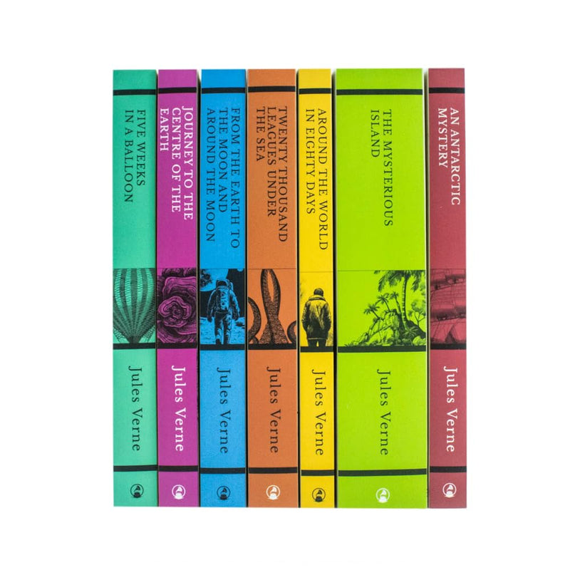Set of Jules Verne classic editions featuring seven books, including Journey to the Centre of the Earth and Around the World in Eighty Days.
