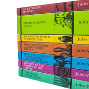 Set of Jules Verne classic editions with seven books including Journey to the Centre of the Earth and Around the World in Eighty Days.