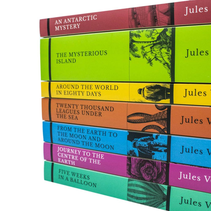 Set of Jules Verne classic editions with seven books including Journey to the Centre of the Earth and Around the World in Eighty Days.