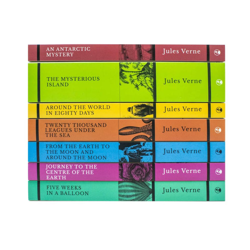 Six classic edition Jules Verne books, including Journey to the Centre of the Earth and Around the World in Eighty Days, on a plain background.