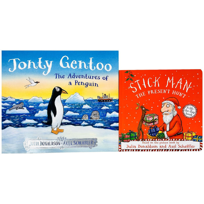 Julia Donaldson Collection 2 Books Set (Stick Man Present Hunt,Jonty Gentoo (HB)) - The Book Bundle