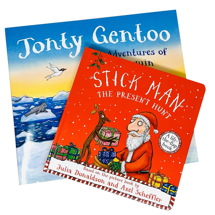 Julia Donaldson Collection 2 Books Set (Stick Man Present Hunt,Jonty Gentoo (HB)) - The Book Bundle