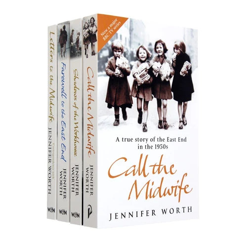 Set of four paperback Call the Midwife books by Jennifer Worth, featuring vintage-style covers and classic non-fiction storytelling.