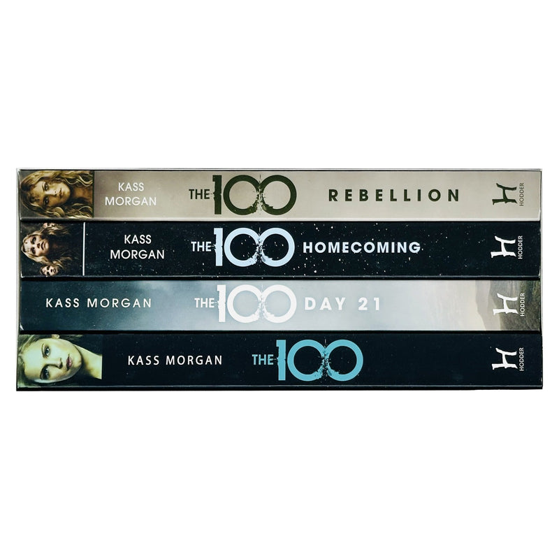 Box set of four paperback books from Kass Morgan's The 100 series by Hodder, featuring cover art of young adult fiction.