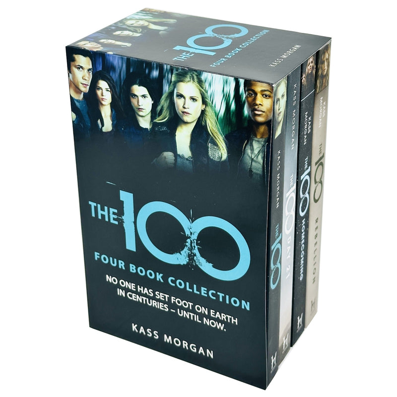 Four paperback books from Kass Morgan's The 100 collection box set, featuring young adult science fiction by Hodder.