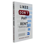 Book cover of "Likes Don’t Pay Rent" by Richard Vaughn, published by Rupa Publications, featuring bold title text on the cover.