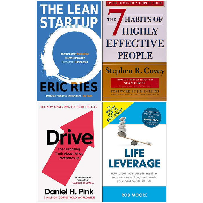 Lean Startup, 7 Habits of Highly Effective People, Drive Daniel Pink, Life Leverage 4 Books Collection Set - The Book Bundle