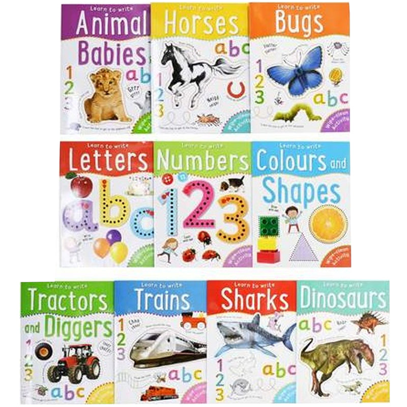 Miles Kelly 10 wipe-clean activity books set for learning to write letters, numbers, and shapes with colorful pages.