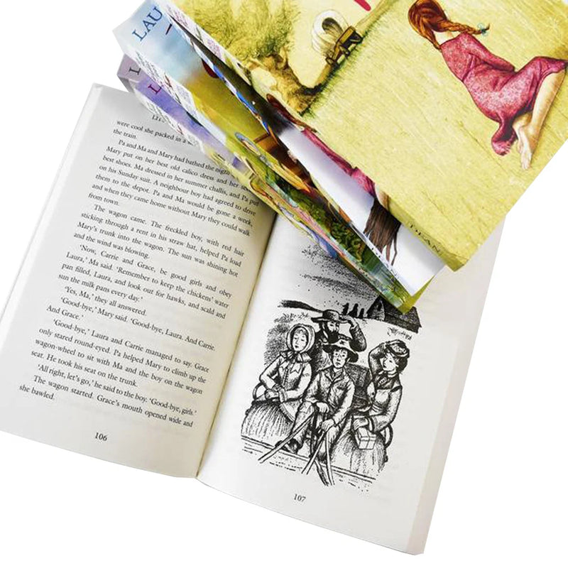 Seven paperback books from the Little House on the Prairie collection by Laura Ingalls Wilder, featuring classic fiction stories.