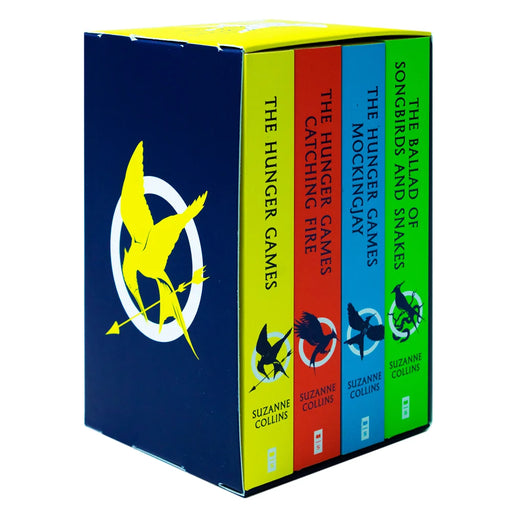 Four paperback books from The Hunger Games series by Suzanne Collins, part of the Scholastic collection, arranged together.
