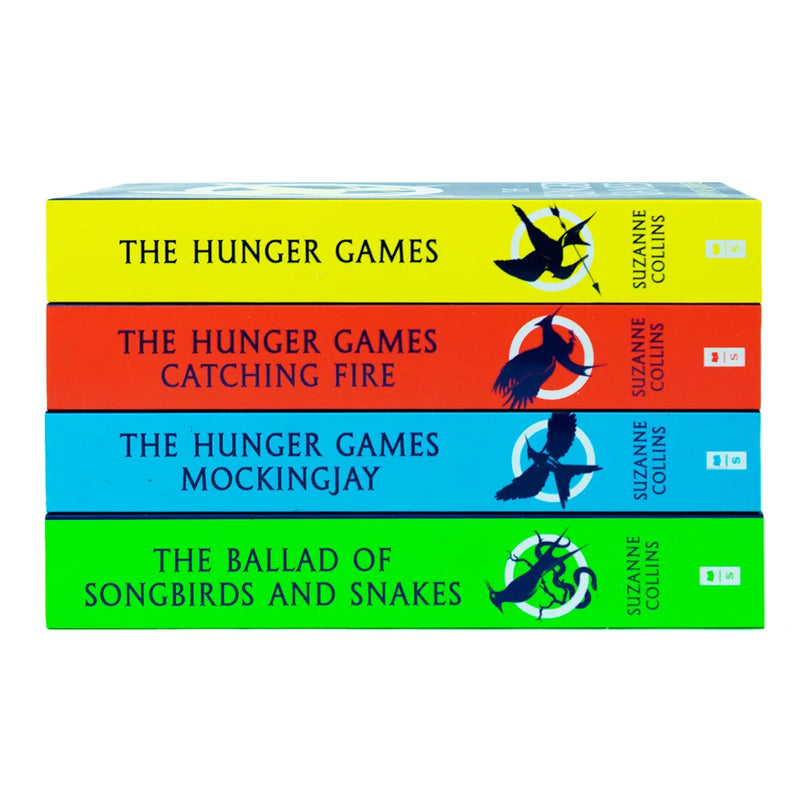 Four paperback books from Suzanne Collins' Hunger Games series by Scholastic, featuring the box set collection.