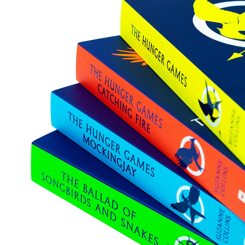 Set of four paperback books from Suzanne Collins' The Hunger Games series by Scholastic, featuring the iconic book covers.