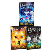 Set of three Magnus Chase and the Gods of Asgard paperback books by Rick Riordan, featuring colorful covers and illustrations.