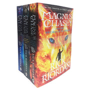 Magnus Chase and the Gods of Asgard book collection by Rick Riordan, includes three paperback fantasy novels with colorful cover art.