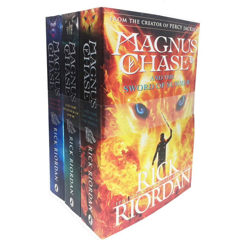 Magnus Chase and the Gods of Asgard book collection by Rick Riordan, includes three paperback fantasy novels with colorful cover art.