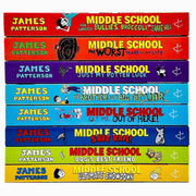 Arrow image of James Patterson Middle School 8-book collection set, featuring the book "The Worst Years of My Life" in the series.