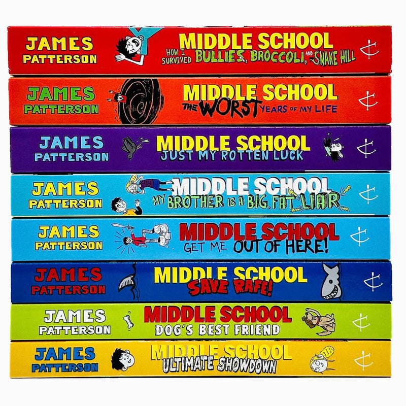 Arrow image of James Patterson Middle School 8-book collection set, featuring the book "The Worst Years of My Life" in the series.